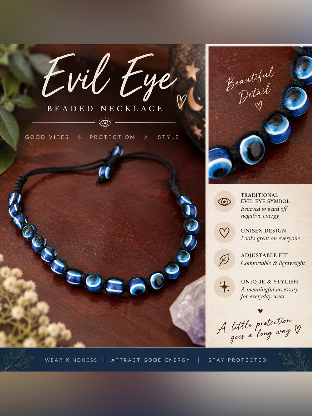 Blue Evil Eye Beaded Necklace • Adjustable Cord • Boho Protection Jewelry